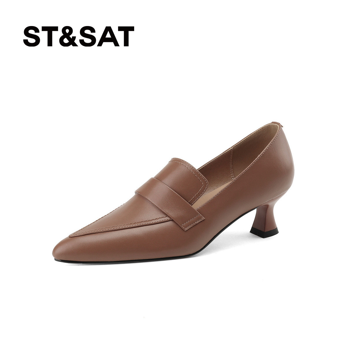 St&Sat/星期六春季新款英伦风尖头细跟女单鞋舒适牛皮深口豆豆鞋,淘宝优惠券,粉丝福利购,淘宝优惠卷