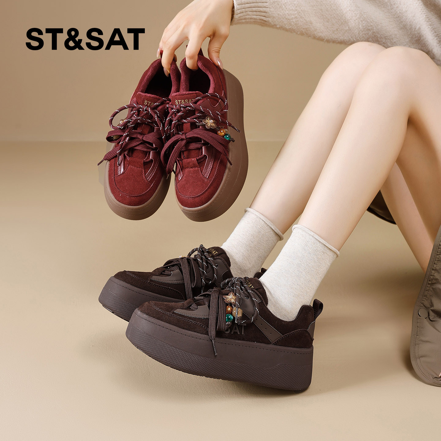 星期六复古加绒德训鞋女2025冬季款美拉德厚底运动鞋串珠休闲棉鞋,淘宝优惠券,粉丝福利购,淘宝优惠卷