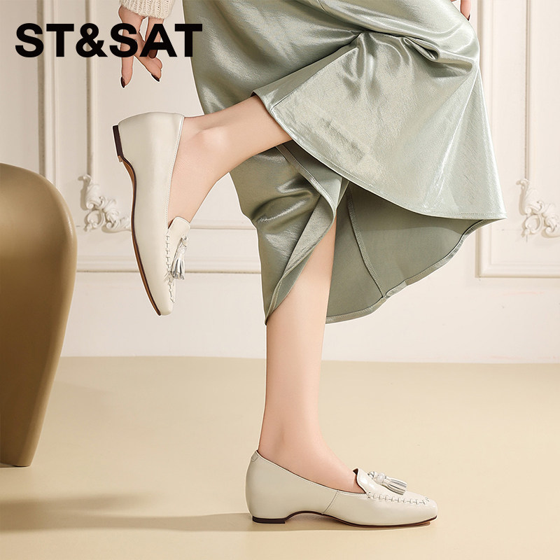 星期六2026新款白色流苏乐福鞋女一脚蹬方头深口单鞋百搭通勤低跟,淘宝优惠券,粉丝福利购,淘宝优惠卷