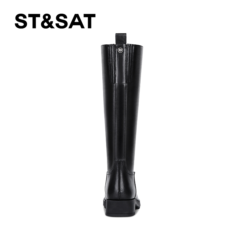 星期六全牛皮高筒靴女2025秋冬粗跟圆头黑色英伦风显瘦不过膝长靴 - 图2