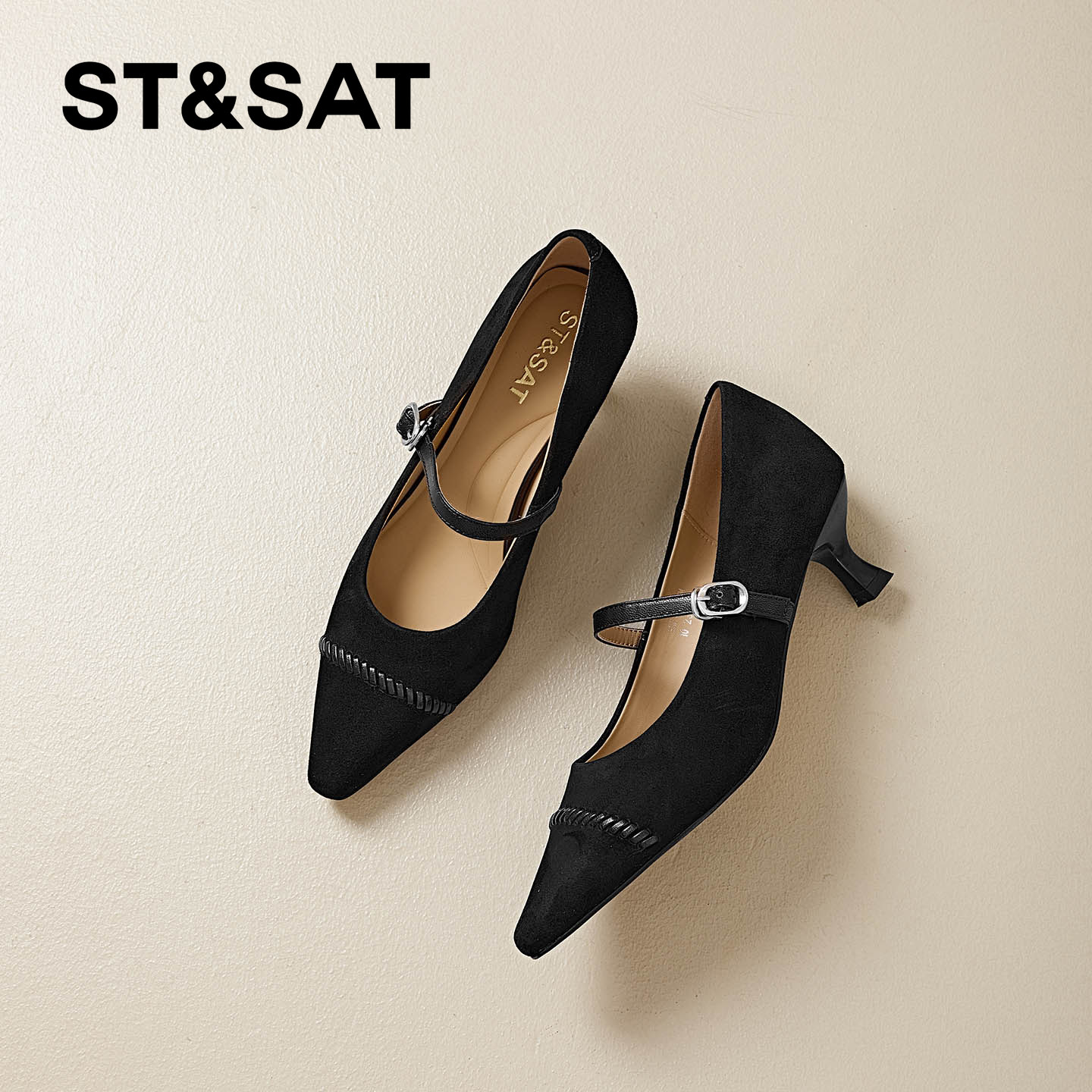 星期六法式真皮猫跟浅口单鞋女2026春季新款尖头细跟不累脚高跟鞋