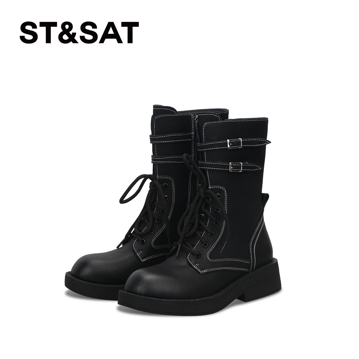 【牛皮】星期六复古英伦马丁靴25秋冬粗跟厚底皮带扣长筒骑士靴,淘宝优惠券,粉丝福利购,淘宝优惠卷