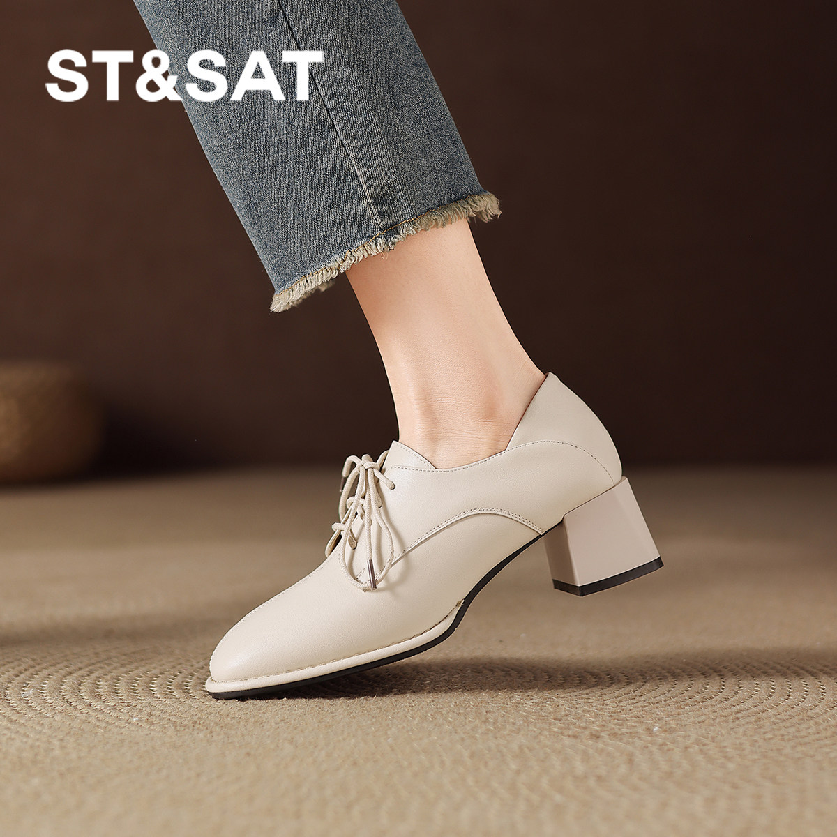 星期六羊皮单鞋女冬季2026新款高跟鞋英伦风女士皮鞋真皮系带女鞋,淘宝优惠券,粉丝福利购,淘宝优惠卷
