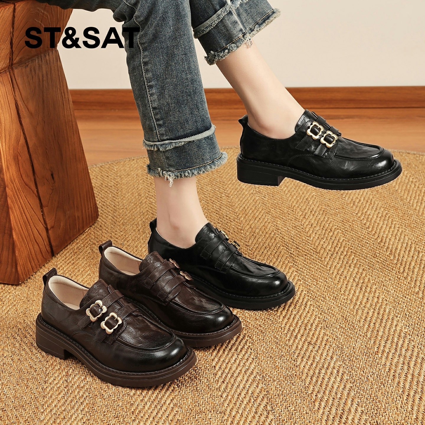 星期六棕色厚底乐福鞋女2026春季新款金属扣复古粗跟小皮鞋豆豆鞋,淘宝优惠券,粉丝福利购,淘宝优惠卷