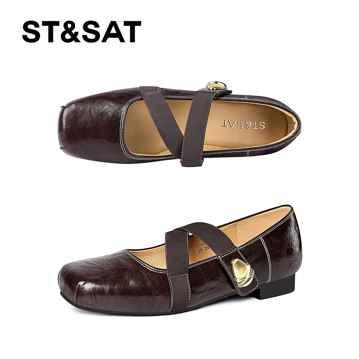 星期六复古芭蕾鞋女2025方头粗跟平底单鞋棕色软底交叉带百搭女鞋,淘宝优惠券,粉丝福利购,淘宝优惠卷