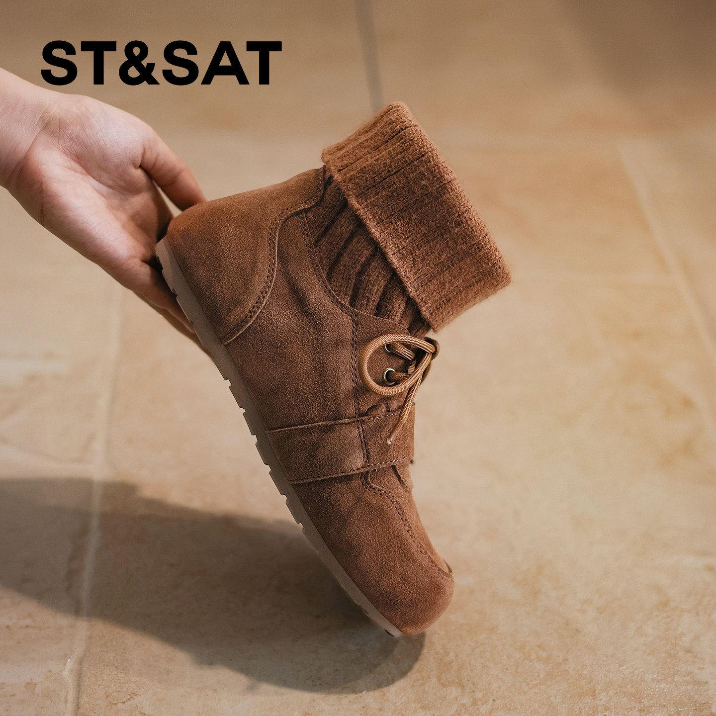星期六弹力袜靴女2025冬季新款系带保暖鞋时尚高帮圆头平底勃肯鞋,淘宝优惠券,粉丝福利购,淘宝优惠卷