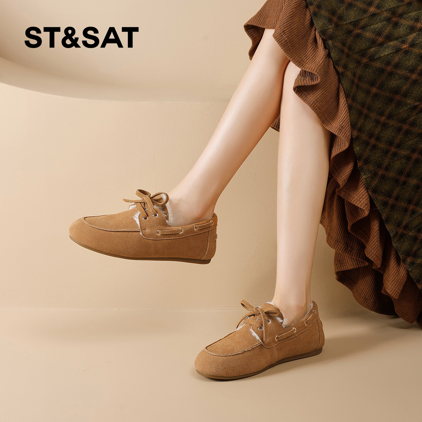 星期六加绒乐福鞋女复古风2025冬季保暖系带小皮鞋平底豆豆鞋棉鞋,淘宝优惠券,粉丝福利购,淘宝优惠卷