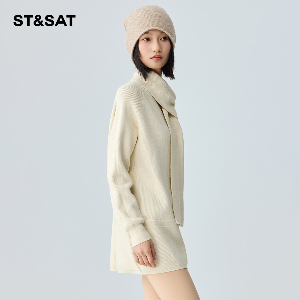 星期六设计感纽扣围脖毛衣女2025冬季新款慵懒风软糯中长款针织衫,淘宝优惠券,粉丝福利购,淘宝优惠卷