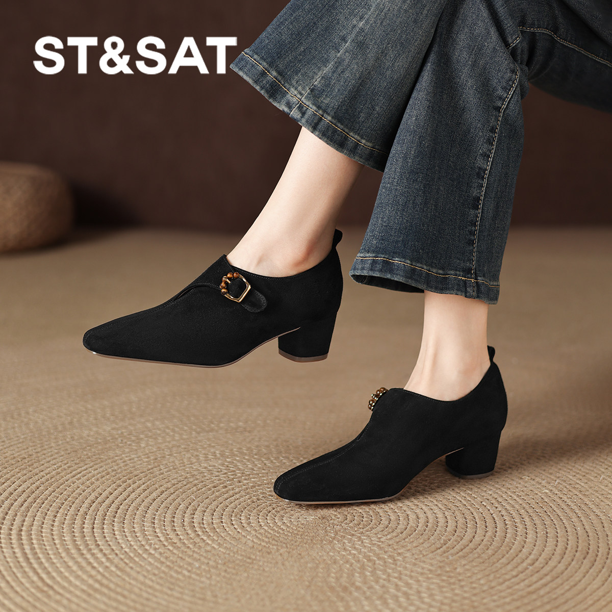 星期六真皮羊皮尖头中跟单鞋2025新款深口粗跟女士女款皮鞋复古秋,淘宝优惠券,粉丝福利购,淘宝优惠卷