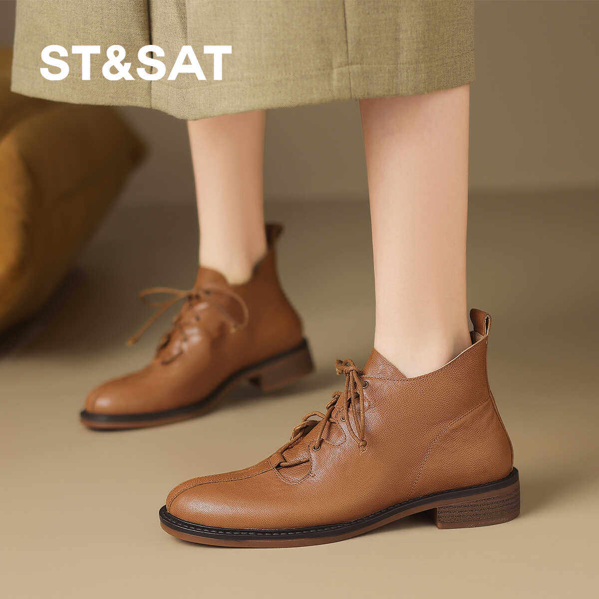 St&Sat/星期六圆头乐福鞋深口系带英伦风女棕色低跟四季鞋女单鞋,淘宝优惠券,粉丝福利购,淘宝优惠卷