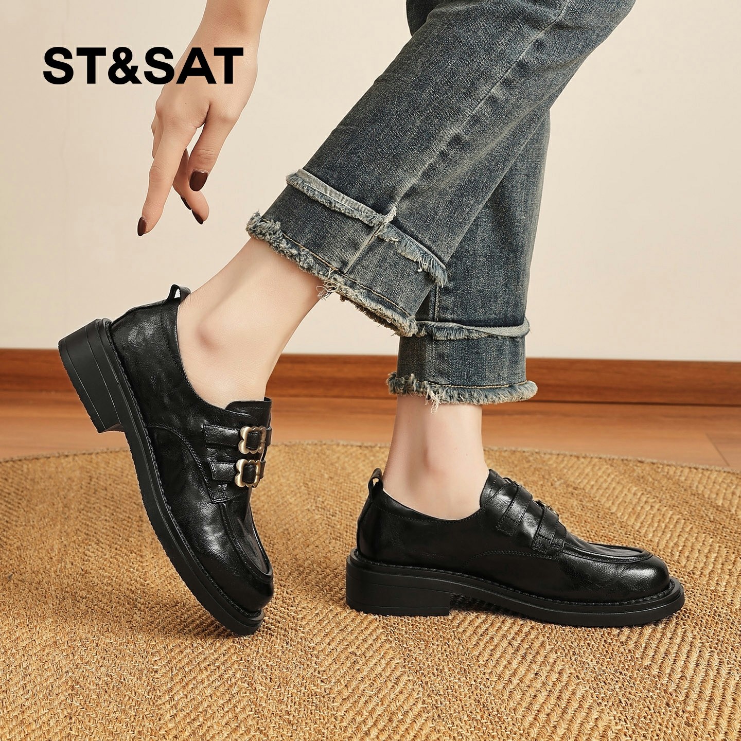 星期六黑色英伦乐福鞋女春季新款复古双扣厚底通勤小皮鞋单鞋,淘宝优惠券,粉丝福利购,淘宝优惠卷