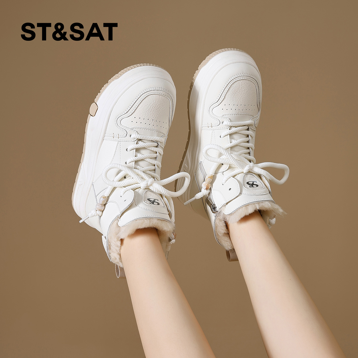 星期六加绒高帮鞋女2025冬季新款厚底内增高轻便保暖小白鞋雪地靴