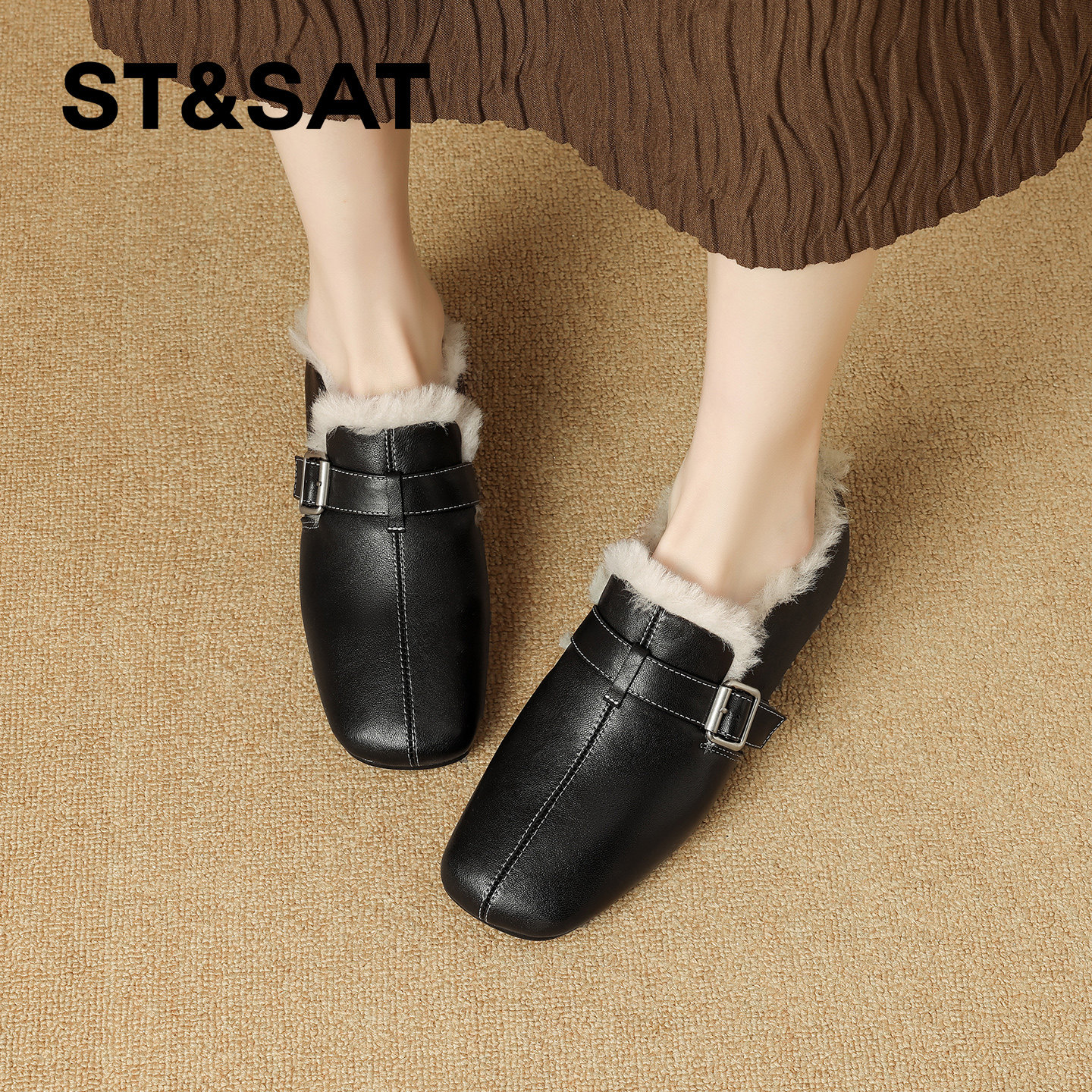 星期六加绒羊毛深口单鞋女2025年冬季新款方头平底保暖小皮鞋棉鞋,淘宝优惠券,粉丝福利购,淘宝优惠卷