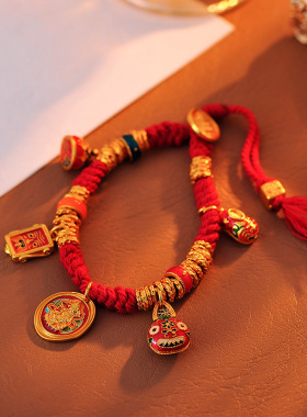 手工盘缠手链黄金色红色藏式编绳红绳扎基拉姆财神