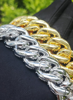 欧美嘻哈t方斜扣月牙设计古巴链时尚街头潮流个性跨境饰品