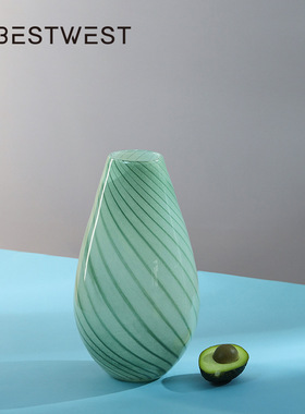 Best west 绿色春笋条纹水培小口玻璃花瓶摆件家居软装装饰品