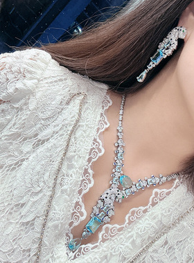 超重工宫廷复古黑斑豹子镶蓝钻项链耳环套装奢华动物镶锆石满钻