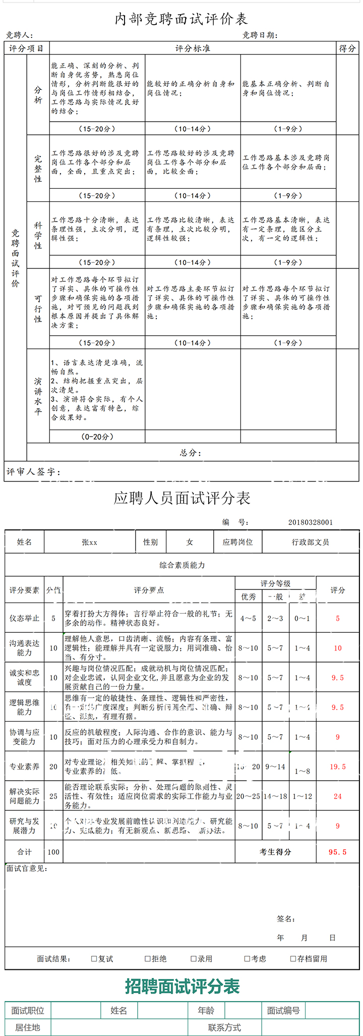 面试评分表excel表格内容模板 内部竞聘招聘应聘面试评分表 - 图2