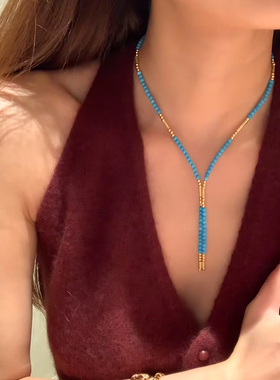 磁吸扣蓝松石项链复古气质轻奢小众戴颈链珠珠项链显白锁骨链