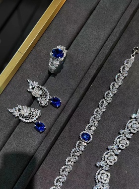 S925银银镀白金轻珠宝培育蓝宝蕾丝重工高级感项链手链耳环戒指