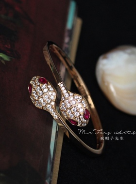 轻珠宝925银镀玫瑰金双层蛇头满钻红宝开口手镯