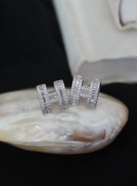 S925银镀白金1:1轻奢满钻高定轻珠宝H字母山茶花耳钉项链