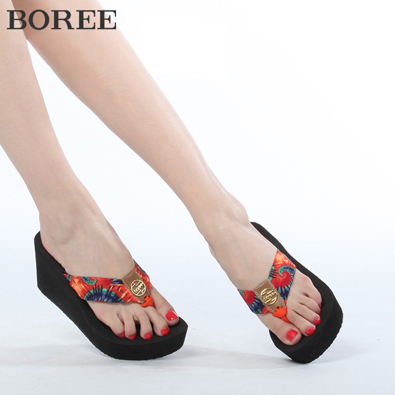 宝人波西米亚丝绸人字拖女夏季新款坡跟凉拖鞋厚底增高夹脚凉鞋 - 图2