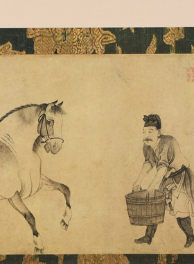 虫二书画中式手工装裱黑胡桃圆角画框《饮马图》古画复刻书房挂画