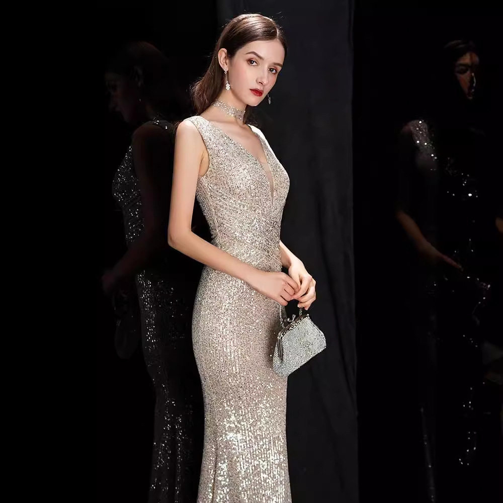 香槟色宴会晚礼服2024新款亮片鱼尾修身显瘦长款主持人年会晚礼服 - 图2