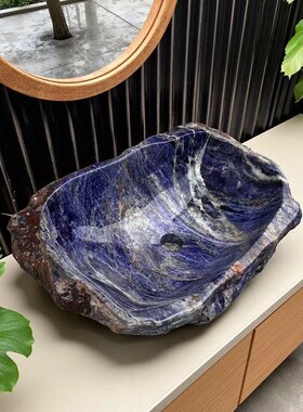 天然高端奢石景泰蓝雕刻洗脸盆户外洗手盆台上盆户外石头原石盆