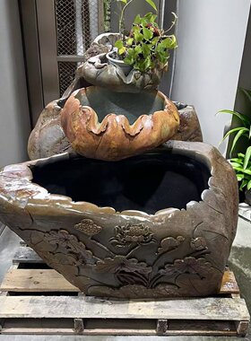 端砚石头三层艺术雕花流水摆件原石鱼缸水景花园庭院花园风水池槽
