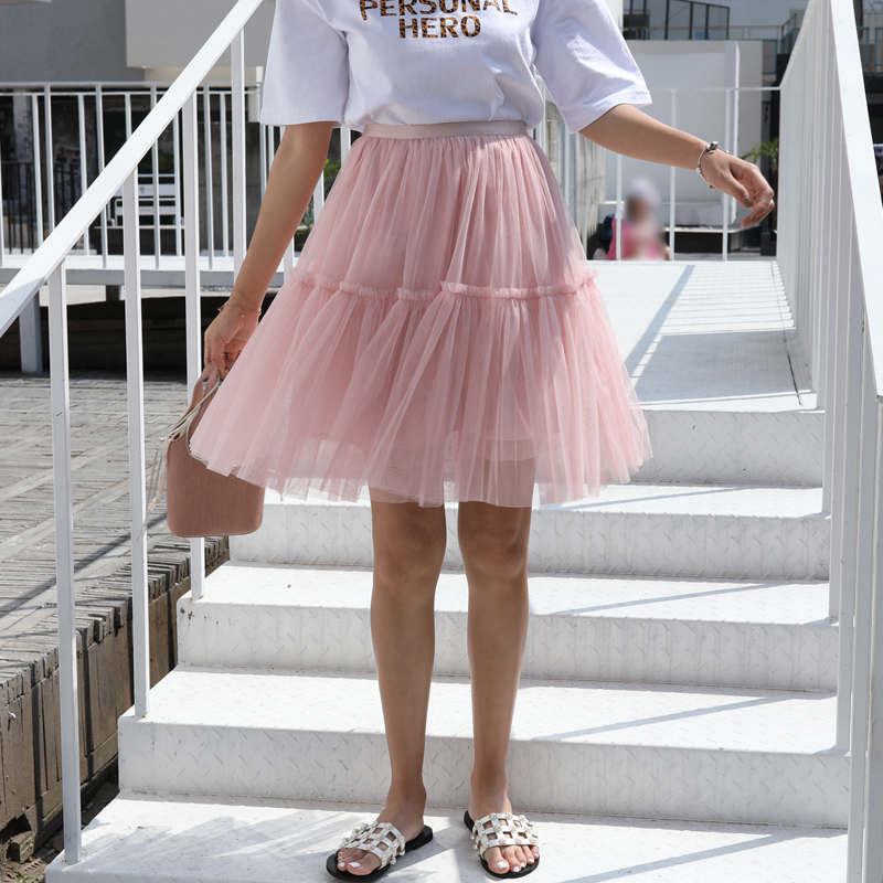 四季短裙 厂价直销 优雅天使的小店纱裙女半身裙蓬蓬打底裙网纱裙A字高腰显瘦荷叶边短裙年春夏0