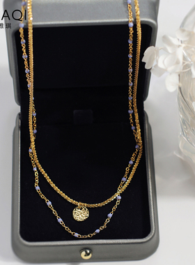 紫米珠双层叠戴钛钢镀18K金项链