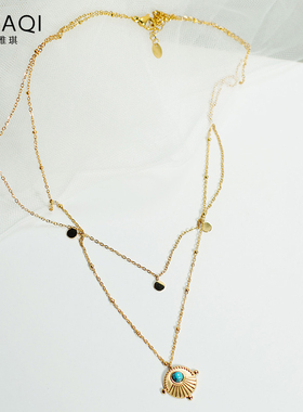 气质复古双层圆形几何钛钢项链