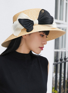 旗左 春夏高定款遮阳帽优雅真丝麻纱撞色蝴蝶结超细麦杆草帽女