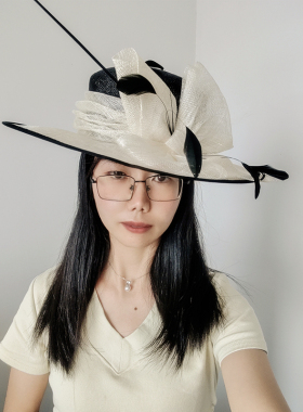 旗左 复古英伦黑白撞色简约遮阳礼帽短平檐正装礼服麻纱遮阳帽
