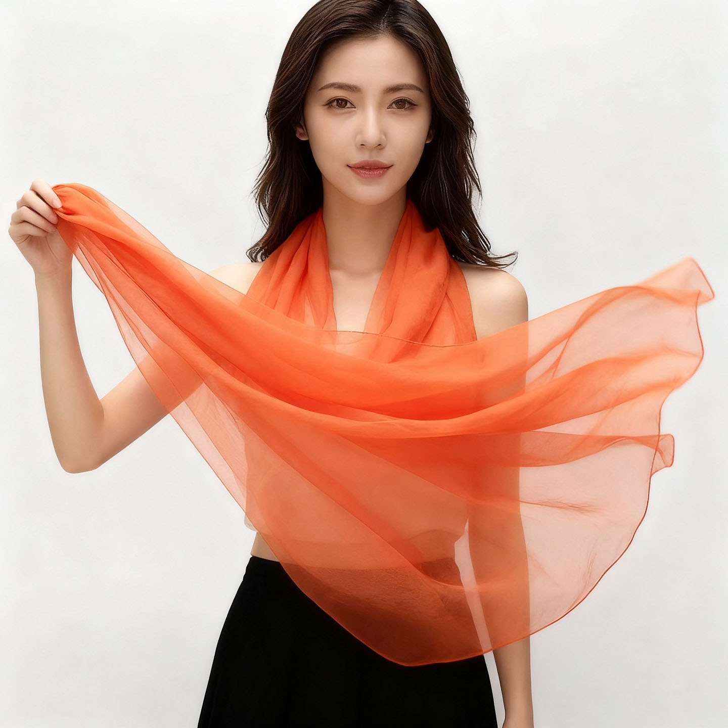 2025新款长款橘色丝巾女百搭时尚桔色纱巾薄款沙滩围巾女披肩春秋 - 图0