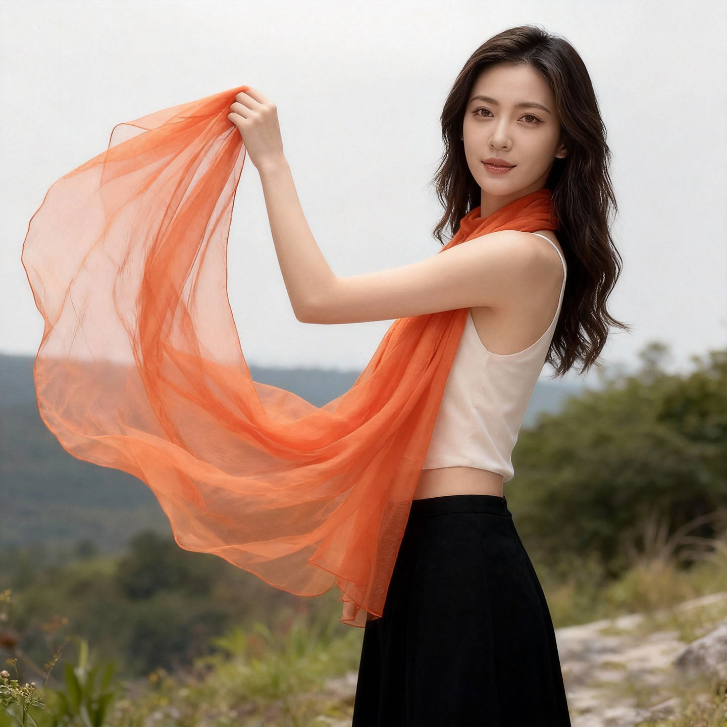 2025新款长款橘色丝巾女百搭时尚桔色纱巾薄款沙滩围巾女披肩春秋 - 图1