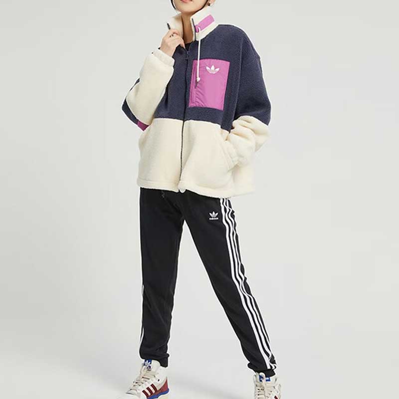 adidas阿迪达斯三叶草女子冬羊羔绒保暖拼接立领外套夹克HR3455-图0