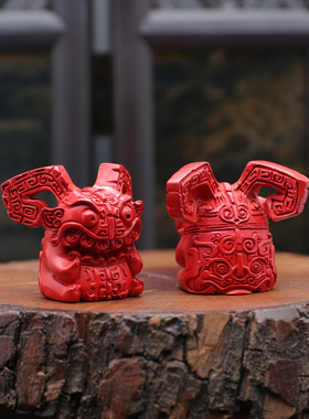 保真高含量天然原矿真朱砂饕餮吞金兽山星堆风格挂件吊坠男女士款