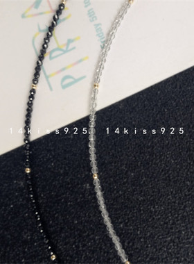 14KISS925进口天然黑色尖晶石白水晶14K包金极细手链超闪女生饰品
