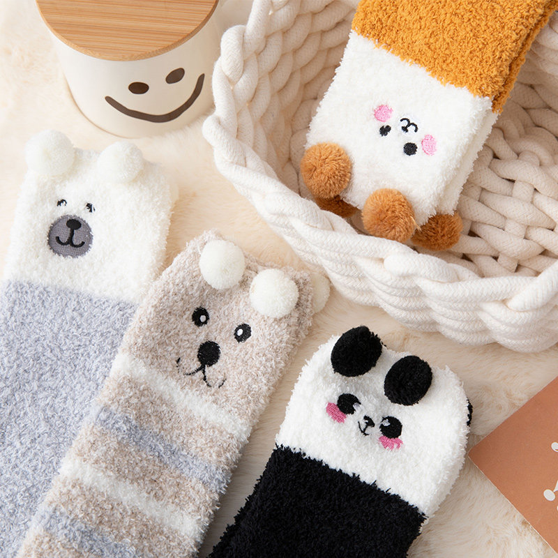 过膝珊瑚绒袜子女卡通可爱加绒加厚秋冬季长筒睡眠保暖月子地板袜,淘宝优惠券,粉丝福利购,淘宝优惠卷