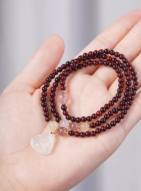 天然小叶紫檀三圈手串女新中式玉髓佛公草莓晶转运珠多圈手链