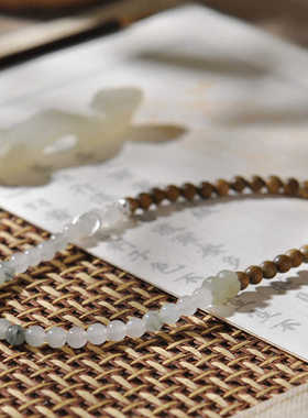 天然绿檀木s925纯银双圈手链女新中式双蒂莲天山冰翠轻奢手串