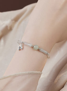 东方璞玉 碧吟竹天然天山翠竹节足银纯银手链新中式古风手串礼物