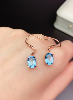正品天然海蓝宝色耳钩纯银镀18k
