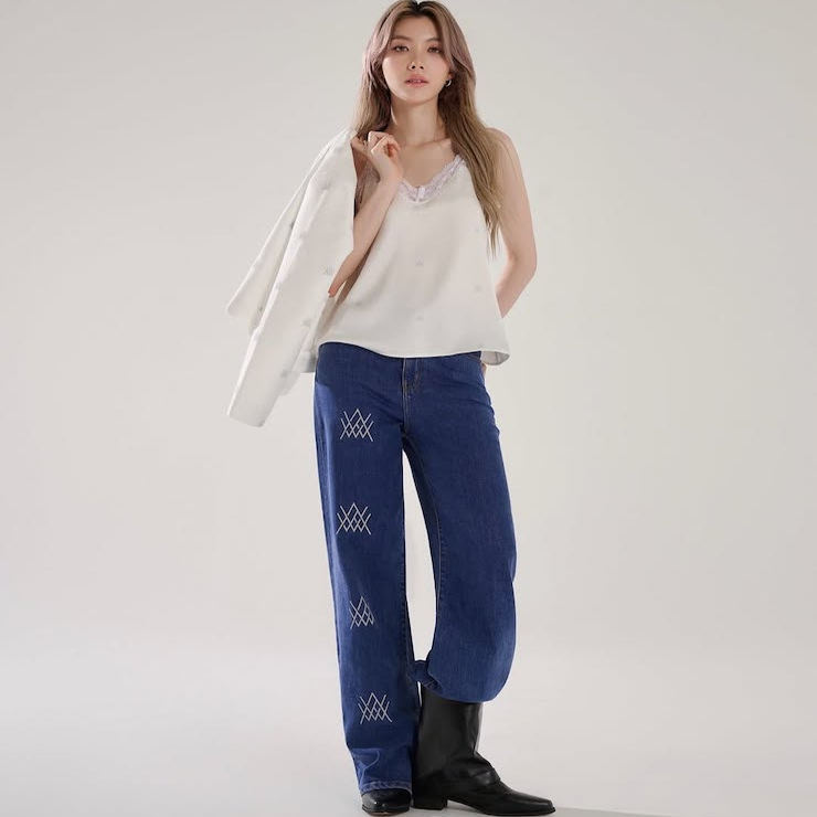 【泰国代购】设计师品牌 Wacay Orm同款蕾丝吊带上衣牛仔裤长裤 - 图2