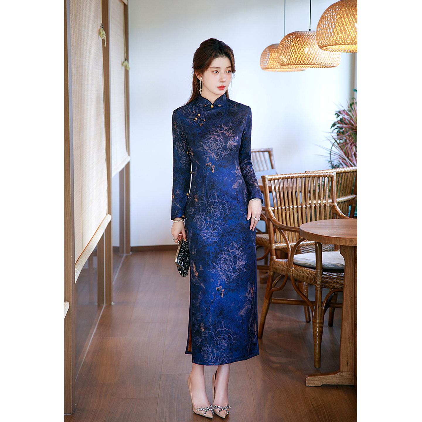 蓝色旗袍2025新款老上海女士气质显瘦秋冬款加绒加厚保暖绝美复古 - 图1