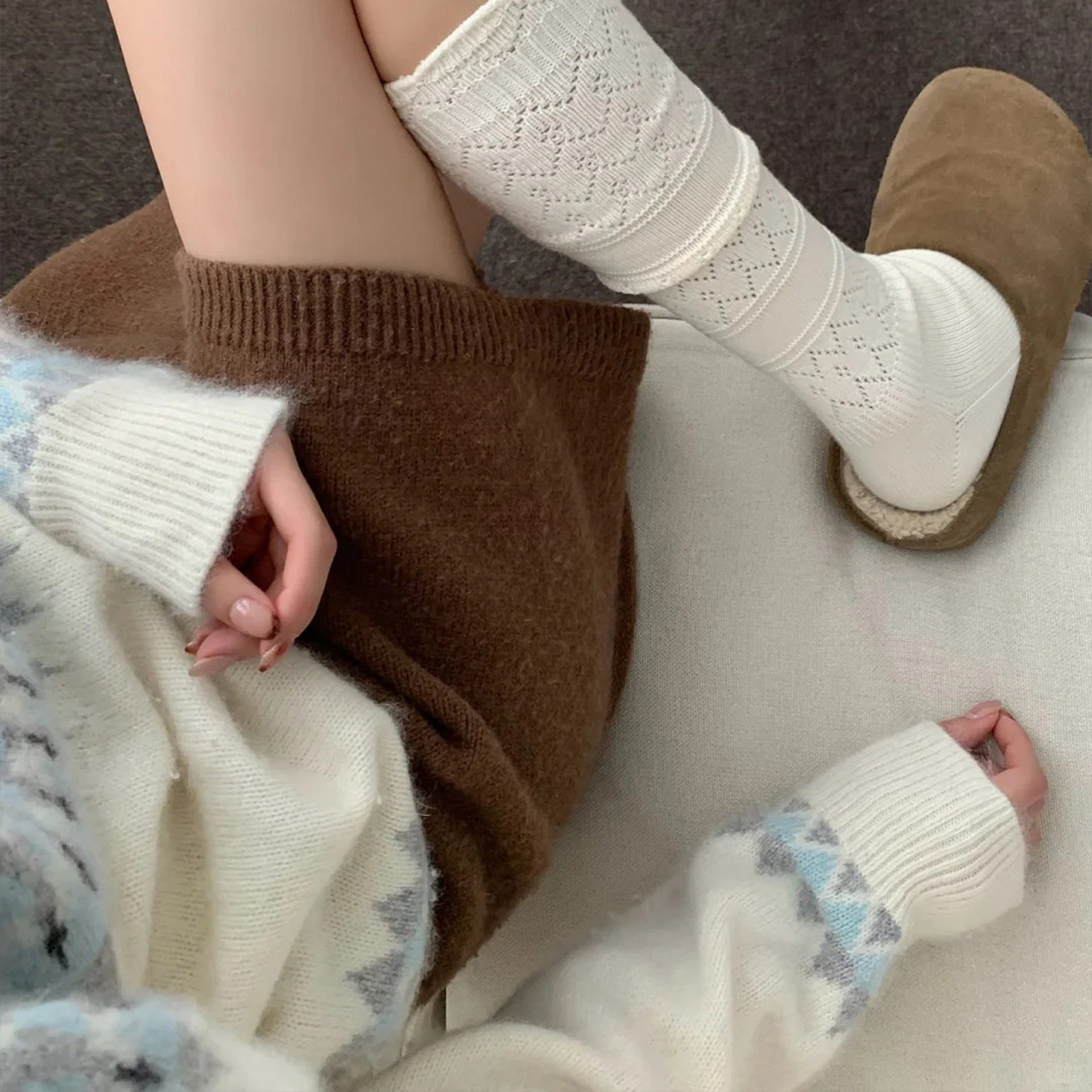 白色镂空针织小腿袜女春秋薄款韦雪同款网红显瘦配长靴长筒堆堆袜,淘宝优惠券,粉丝福利购,淘宝优惠卷