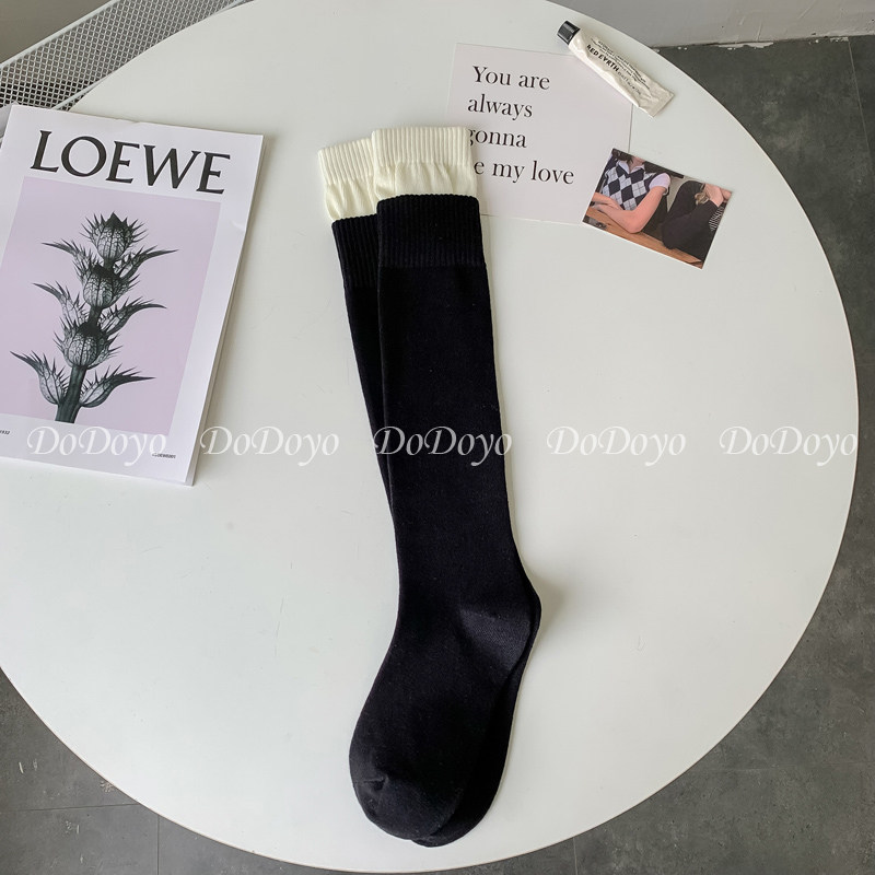 洞洞妖 黑白拼接撞色小腿袜女秋冬撞色个性纯棉INS潮网红及膝长袜